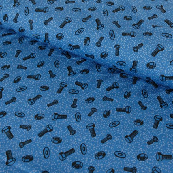 Baumwoll Jersey Happy Metal by Steinbeck Schrauben & Muttern auf Royalblau